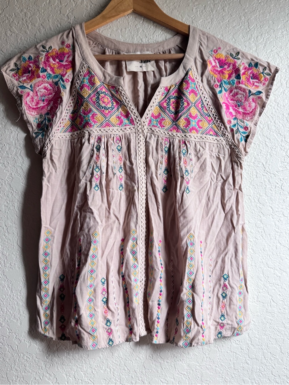 Savanna Jane Boho Floral & Geometric Embroidered Cap Sleeve Peasant Blouse